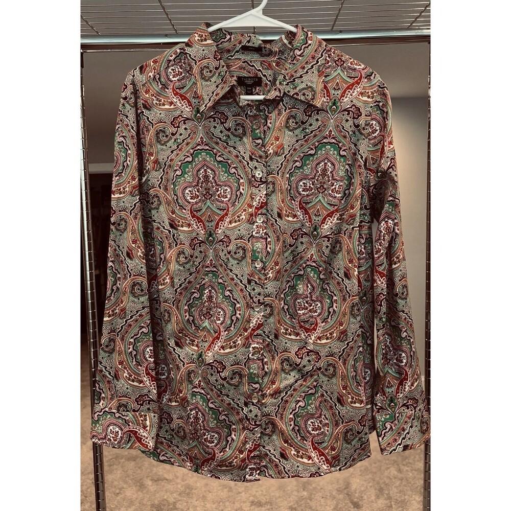 Talbots Top Womens Large Green Pink Paisley Stretch Colorful Shirt Ladies 14W